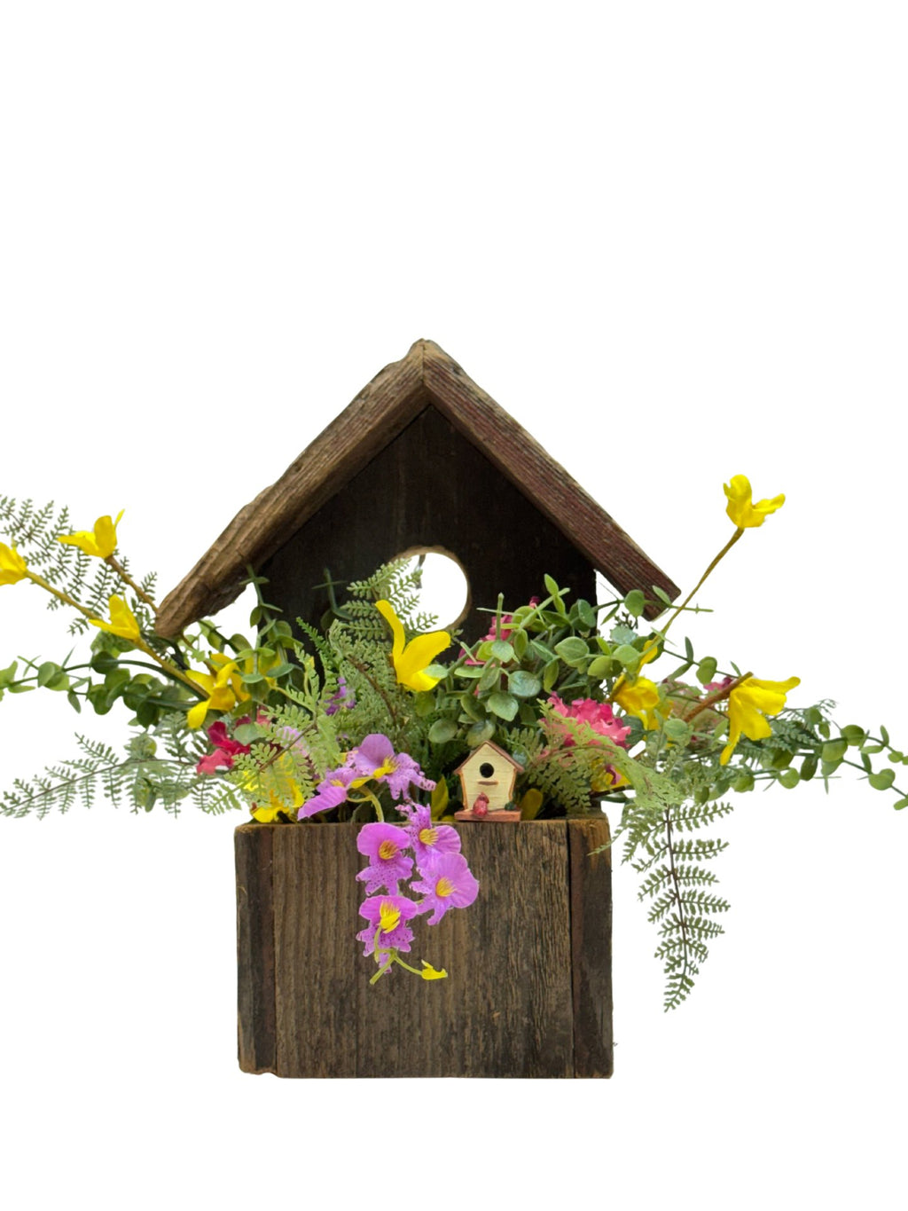 Handmade Birdhouse with Floral Arrangement
